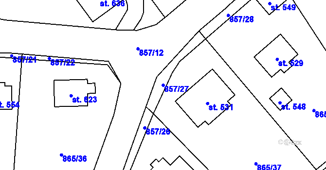 Parcela st. 857/27 v KÚ Pecka, Katastrální mapa