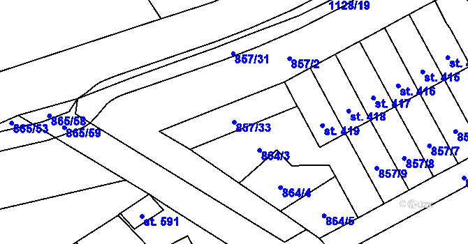Parcela st. 857/33 v KÚ Pecka, Katastrální mapa