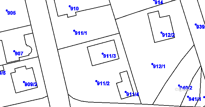 Parcela st. 911/3 v KÚ Pelhřimov, Katastrální mapa