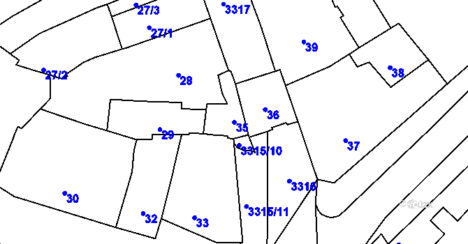 Parcela st. 35 v KÚ Pelhřimov, Katastrální mapa