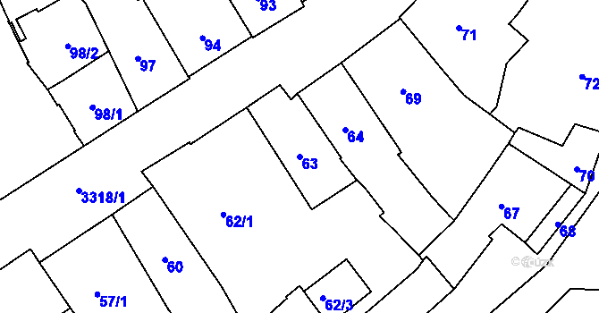 Parcela st. 63 v KÚ Pelhřimov, Katastrální mapa