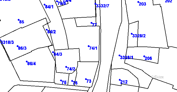 Parcela st. 74/1 v KÚ Pelhřimov, Katastrální mapa