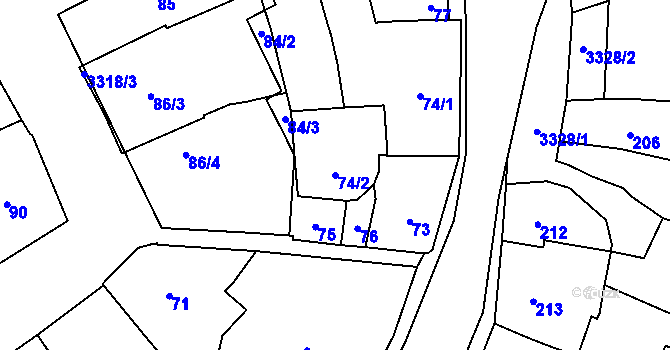 Parcela st. 74/2 v KÚ Pelhřimov, Katastrální mapa