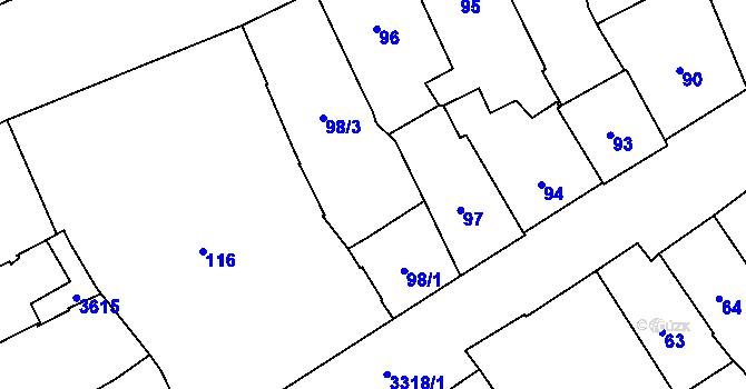 Parcela st. 98/2 v KÚ Pelhřimov, Katastrální mapa