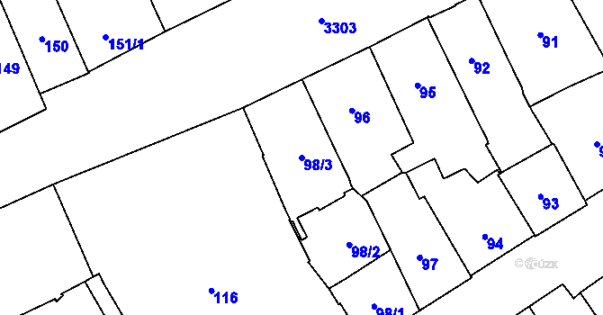 Parcela st. 98/3 v KÚ Pelhřimov, Katastrální mapa