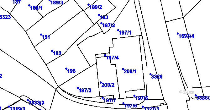 Parcela st. 197/4 v KÚ Pelhřimov, Katastrální mapa