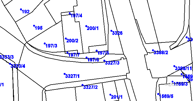 Parcela st. 197/5 v KÚ Pelhřimov, Katastrální mapa