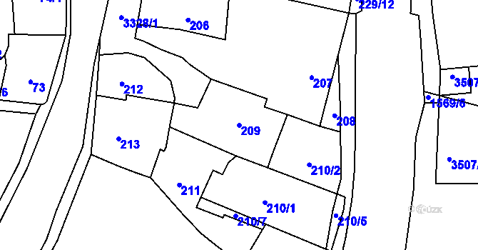 Parcela st. 209 v KÚ Pelhřimov, Katastrální mapa