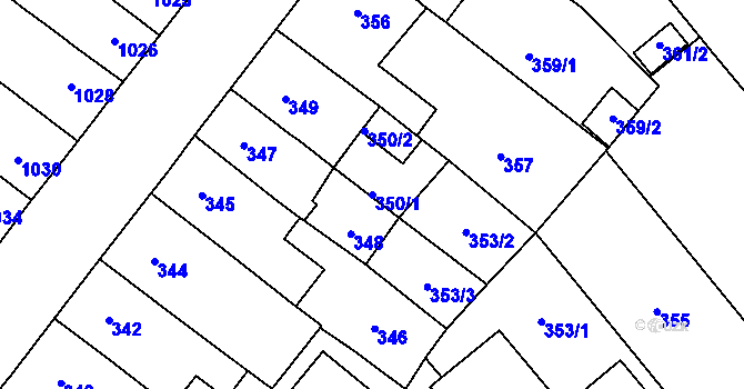 Parcela st. 350/1 v KÚ Pelhřimov, Katastrální mapa