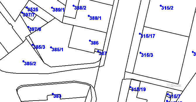 Parcela st. 387 v KÚ Pelhřimov, Katastrální mapa