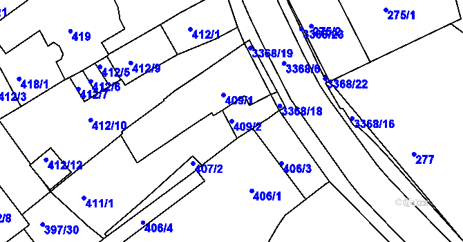 Parcela st. 409/2 v KÚ Pelhřimov, Katastrální mapa
