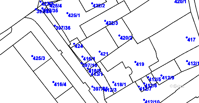 Parcela st. 421 v KÚ Pelhřimov, Katastrální mapa