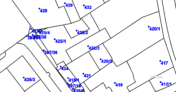 Parcela st. 422/3 v KÚ Pelhřimov, Katastrální mapa
