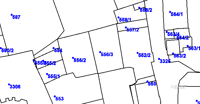 Parcela st. 556/3 v KÚ Pelhřimov, Katastrální mapa