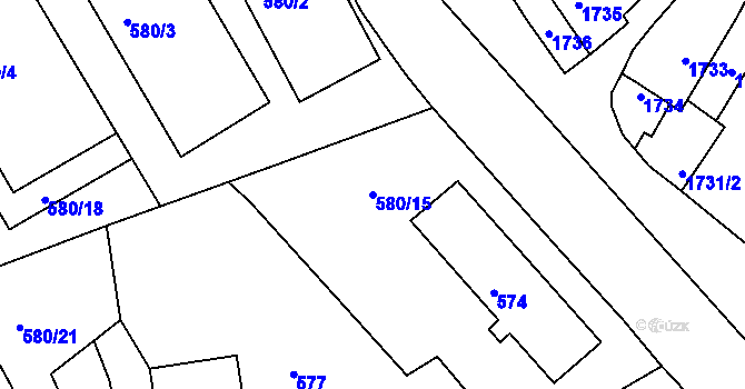 Parcela st. 580/15 v KÚ Pelhřimov, Katastrální mapa