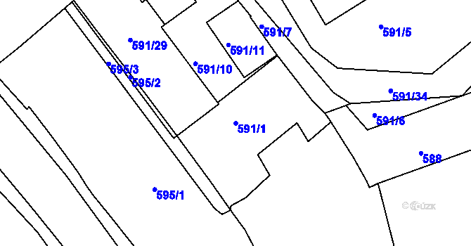 Parcela st. 591/1 v KÚ Pelhřimov, Katastrální mapa