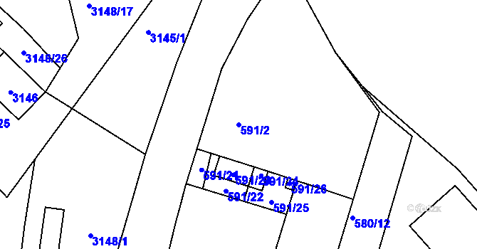 Parcela st. 591/2 v KÚ Pelhřimov, Katastrální mapa