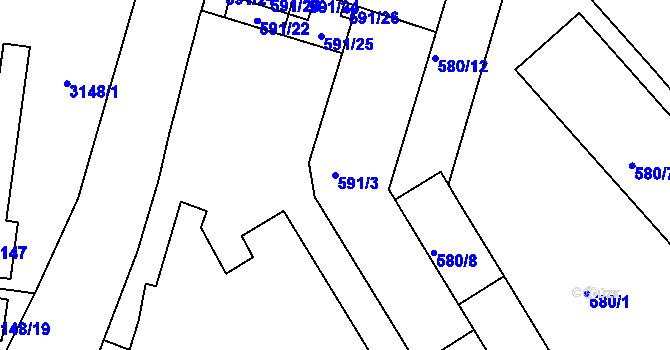 Parcela st. 591/3 v KÚ Pelhřimov, Katastrální mapa