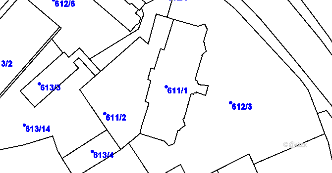 Parcela st. 611/1 v KÚ Pelhřimov, Katastrální mapa