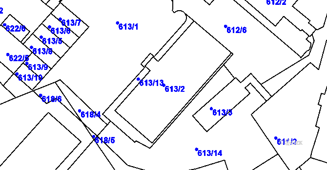 Parcela st. 613/2 v KÚ Pelhřimov, Katastrální mapa