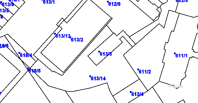 Parcela st. 613/3 v KÚ Pelhřimov, Katastrální mapa