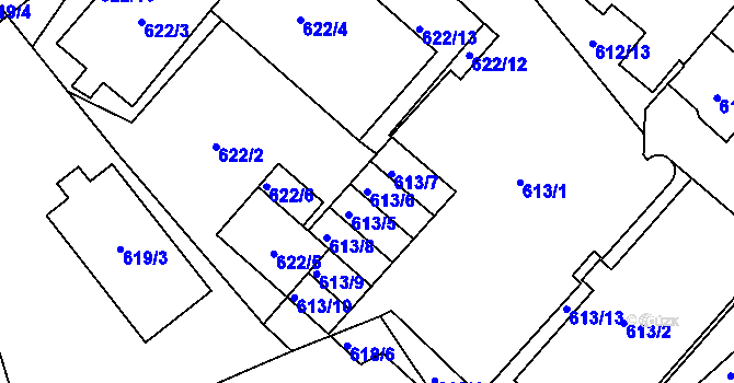 Parcela st. 613/6 v KÚ Pelhřimov, Katastrální mapa