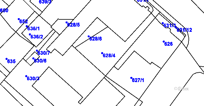 Parcela st. 628/4 v KÚ Pelhřimov, Katastrální mapa