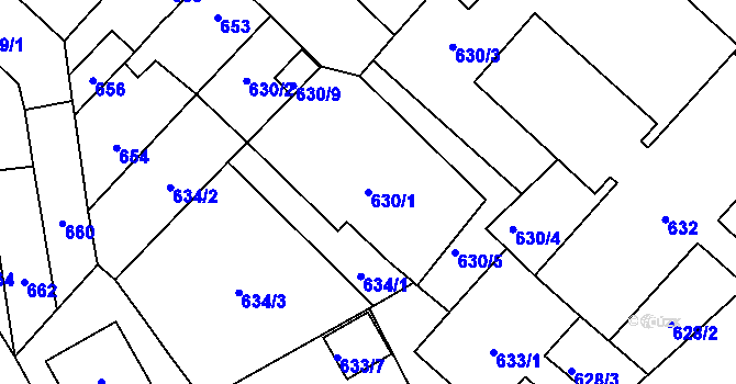Parcela st. 630/1 v KÚ Pelhřimov, Katastrální mapa
