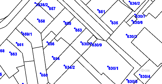 Parcela st. 630/2 v KÚ Pelhřimov, Katastrální mapa