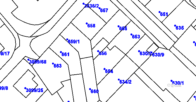 Parcela st. 656 v KÚ Pelhřimov, Katastrální mapa