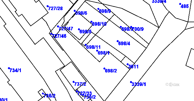 Parcela st. 698/1 v KÚ Pelhřimov, Katastrální mapa
