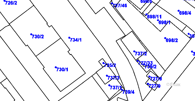 Parcela st. 727/14 v KÚ Pelhřimov, Katastrální mapa
