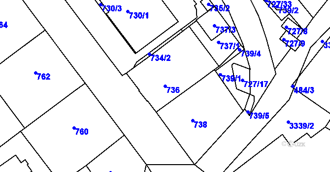 Parcela st. 736 v KÚ Pelhřimov, Katastrální mapa