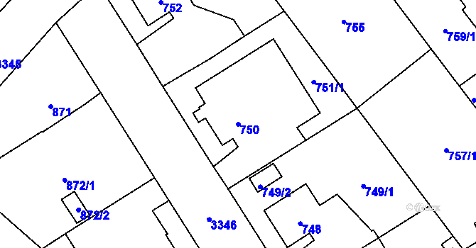Parcela st. 750 v KÚ Pelhřimov, Katastrální mapa