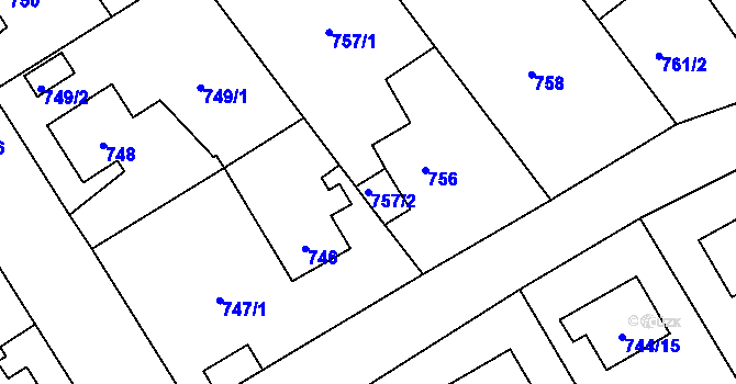 Parcela st. 757/2 v KÚ Pelhřimov, Katastrální mapa