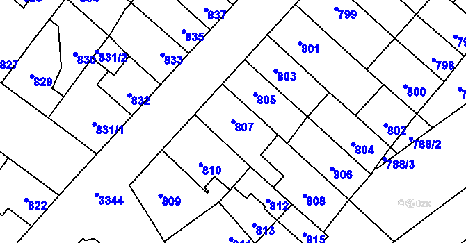 Parcela st. 807 v KÚ Pelhřimov, Katastrální mapa