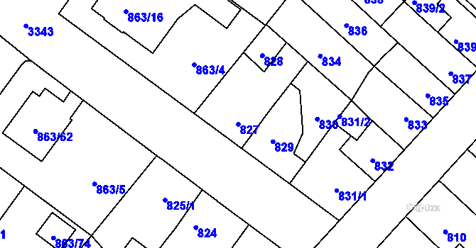 Parcela st. 827 v KÚ Pelhřimov, Katastrální mapa