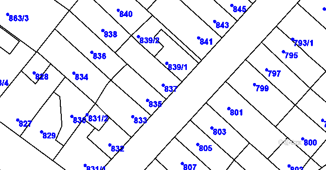 Parcela st. 837 v KÚ Pelhřimov, Katastrální mapa