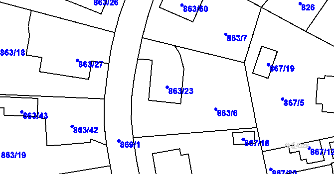 Parcela st. 863/23 v KÚ Pelhřimov, Katastrální mapa