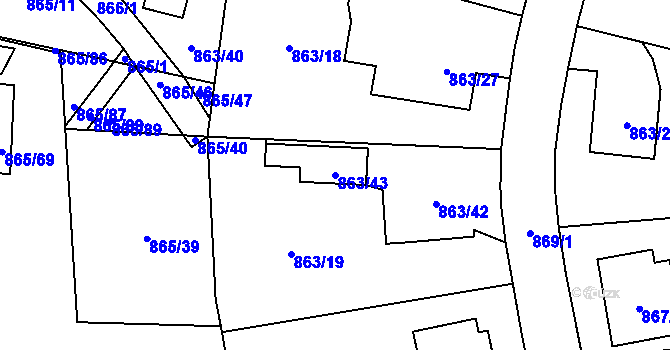 Parcela st. 863/43 v KÚ Pelhřimov, Katastrální mapa