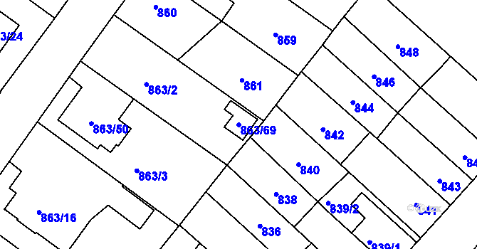 Parcela st. 863/69 v KÚ Pelhřimov, Katastrální mapa