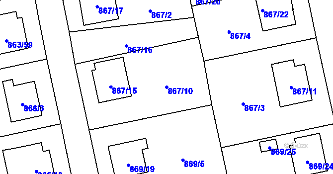 Parcela st. 867/10 v KÚ Pelhřimov, Katastrální mapa