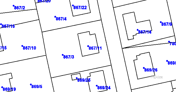 Parcela st. 867/11 v KÚ Pelhřimov, Katastrální mapa