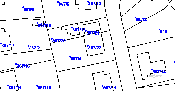 Parcela st. 867/22 v KÚ Pelhřimov, Katastrální mapa