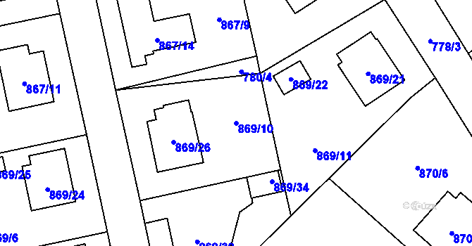 Parcela st. 869/10 v KÚ Pelhřimov, Katastrální mapa