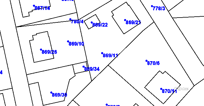 Parcela st. 869/11 v KÚ Pelhřimov, Katastrální mapa