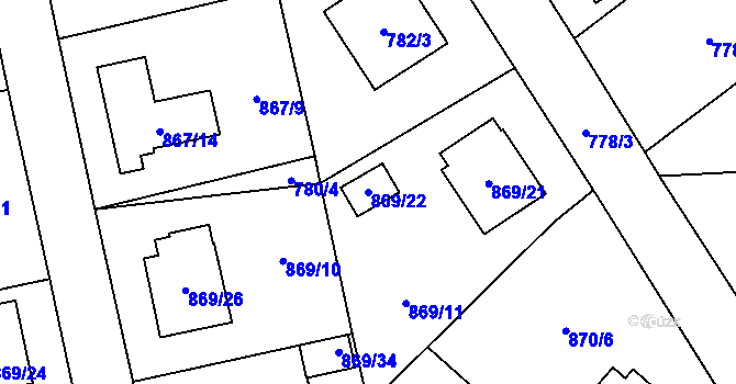 Parcela st. 869/22 v KÚ Pelhřimov, Katastrální mapa