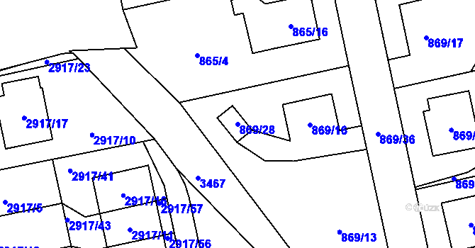 Parcela st. 869/28 v KÚ Pelhřimov, Katastrální mapa