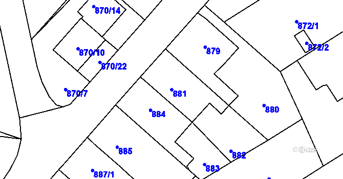 Parcela st. 881 v KÚ Pelhřimov, Katastrální mapa