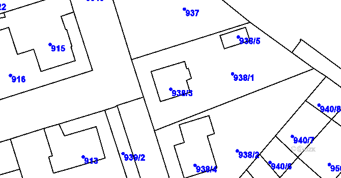 Parcela st. 938/3 v KÚ Pelhřimov, Katastrální mapa